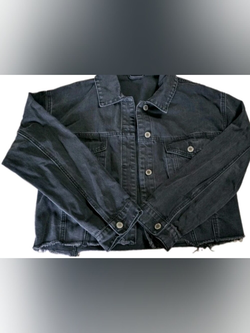 Wishlist Black Button Down Denim Jean Jacket Cropped Frayed Hem Size Large